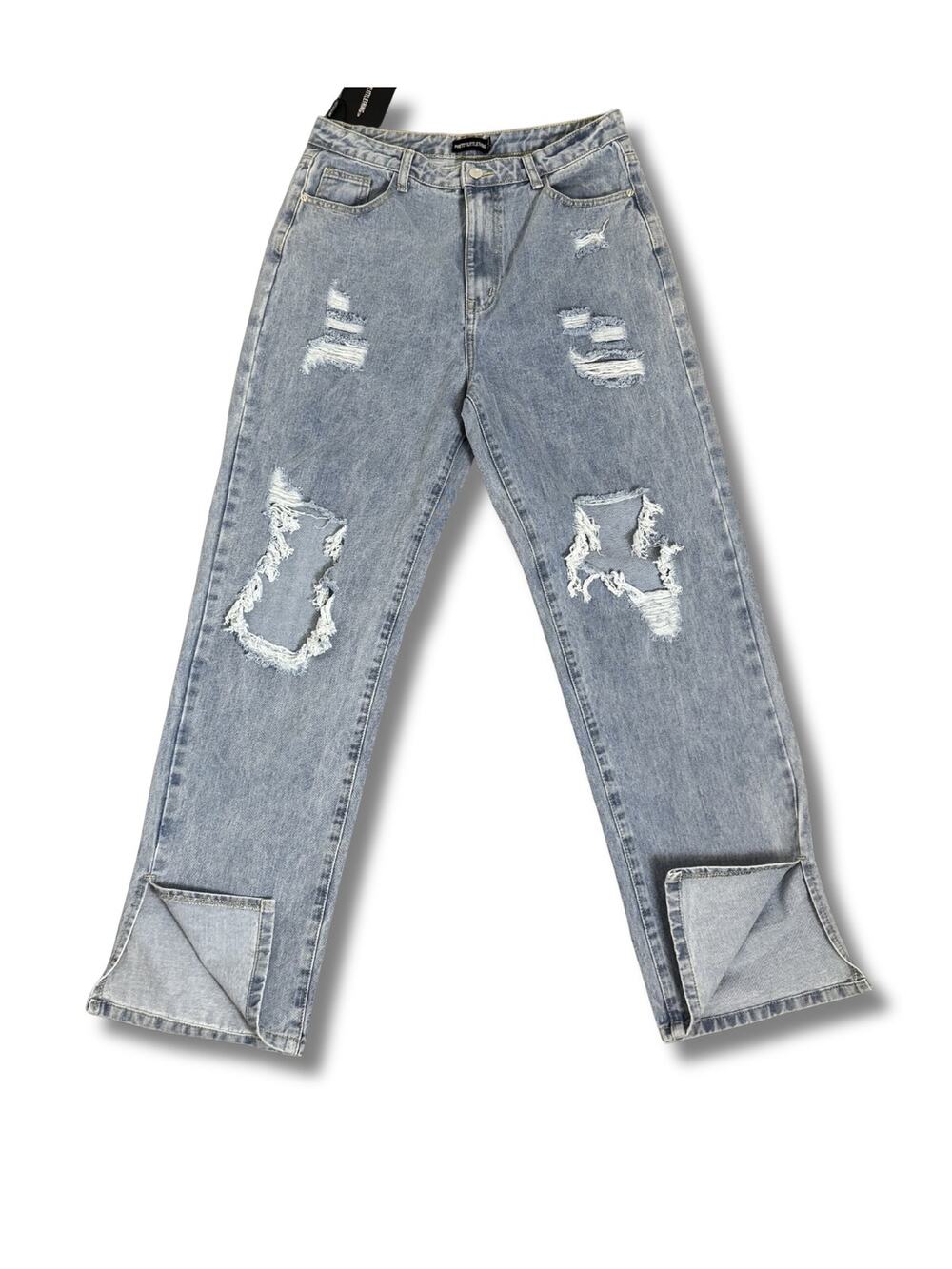 ✨New✨Pretty Little Thing Light Blue Distressed Open Knee Split Hem Jean US Sz 10